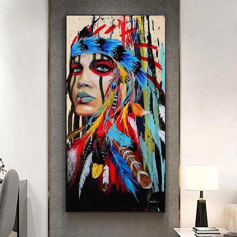 

Pop Art Indian Girl Canvas Art Wall Paintings Watercolor Indian Woman With Feather Posters And Prints For Living Room Wall Decor
