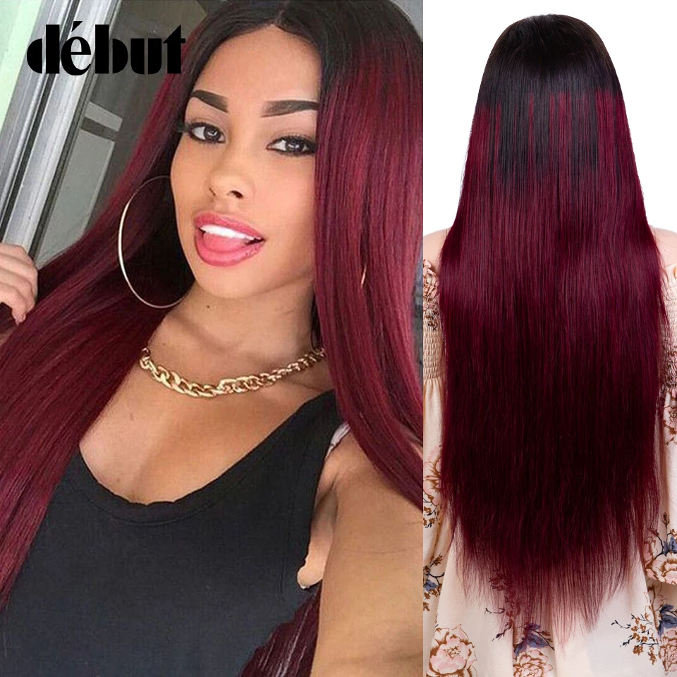 Debut Ombre 99J Burgundy Lace Front Wigs 34 Inches Brazilian Straight 4*4 Lace Closure Human Hair Wigs For Women Free Shipping