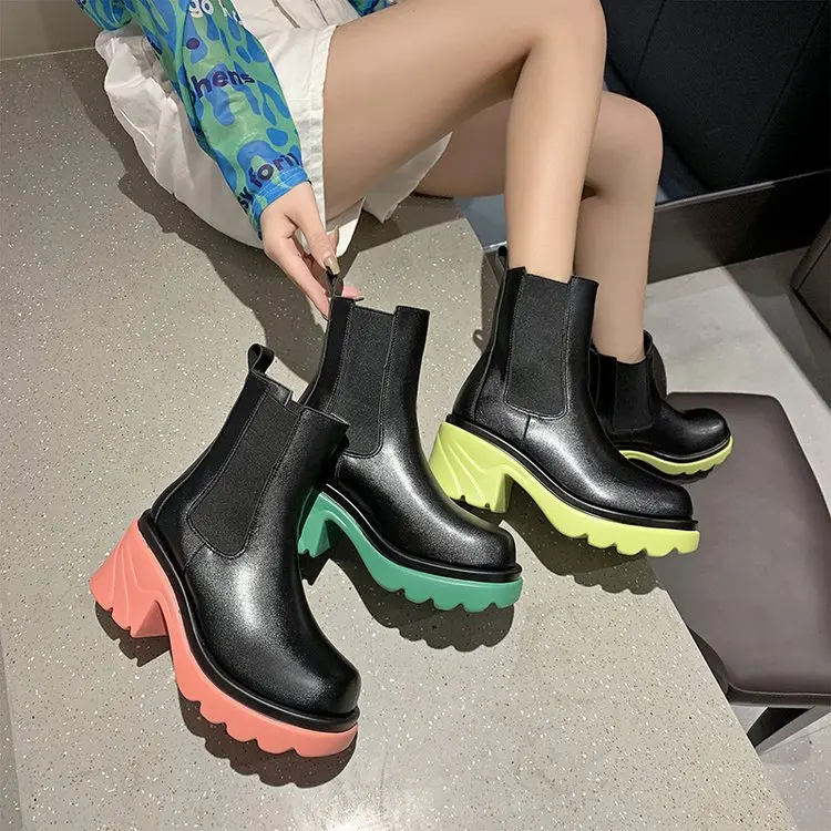 

Розовые ботинки Martin, Новинка осени 2021, модные женские ботинки средней длины, ботильоны челси на толстой подошве и массивном каблуке с круглы...