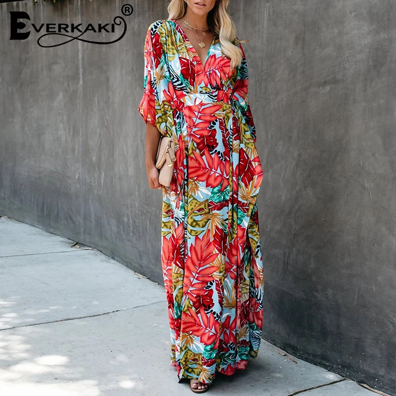 Everkaki Long Dress Women Boho Floral Print Sashes Loose Summer Vestidos Beach Casual Ladies Maxi Dresses Female 2020 Spring New | Женская