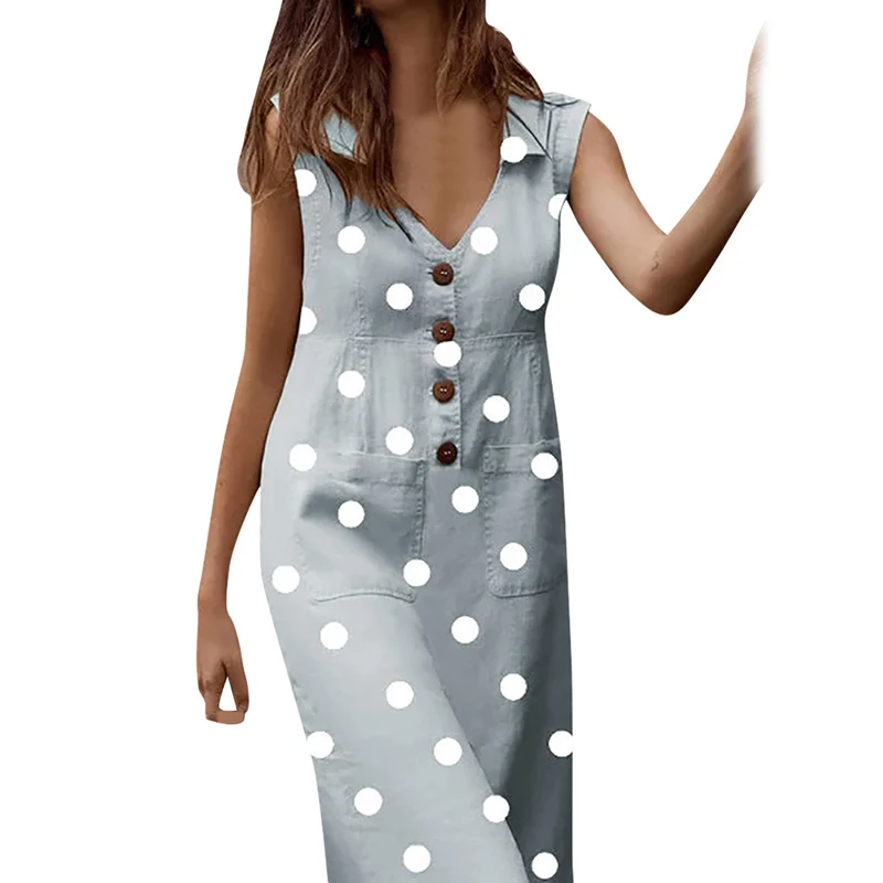 

Hot Women Dot Printed Dress Short Sleeve Lapels Button Casual Beach Dress