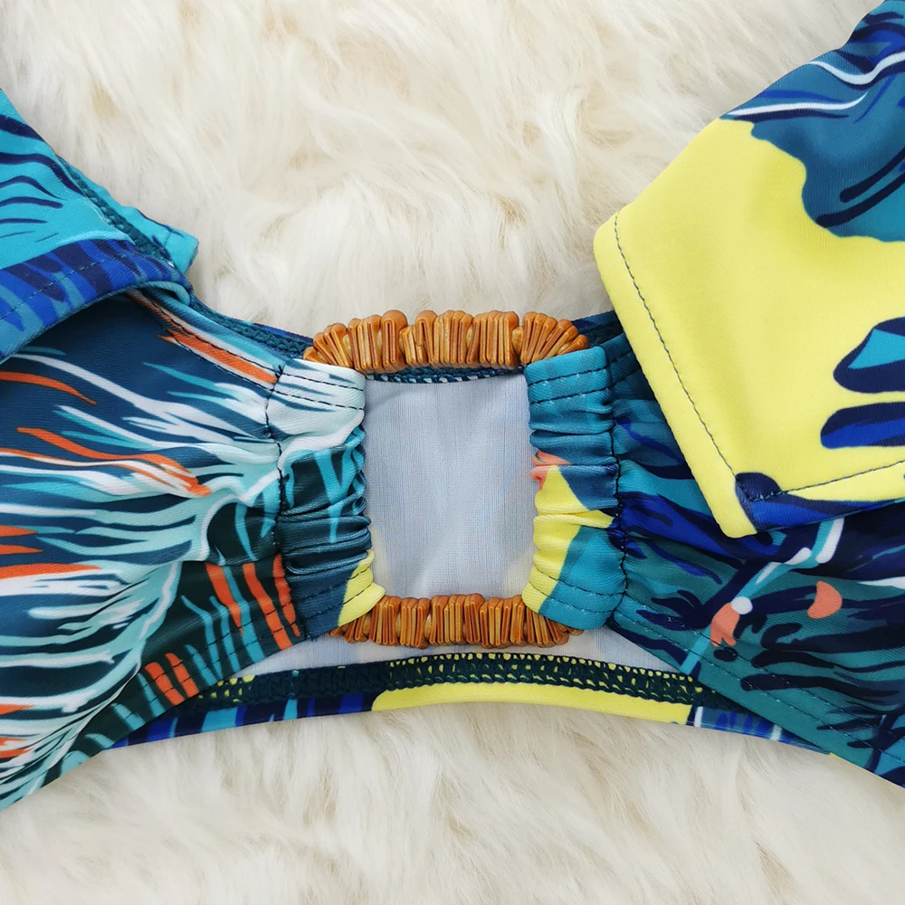 

High Waisted Bikini Set Women's Swimwear 2021 Leaves Print Bikinis Square Buckle Ruffle Swimsuit For Female Sexy Lady Bath Suit