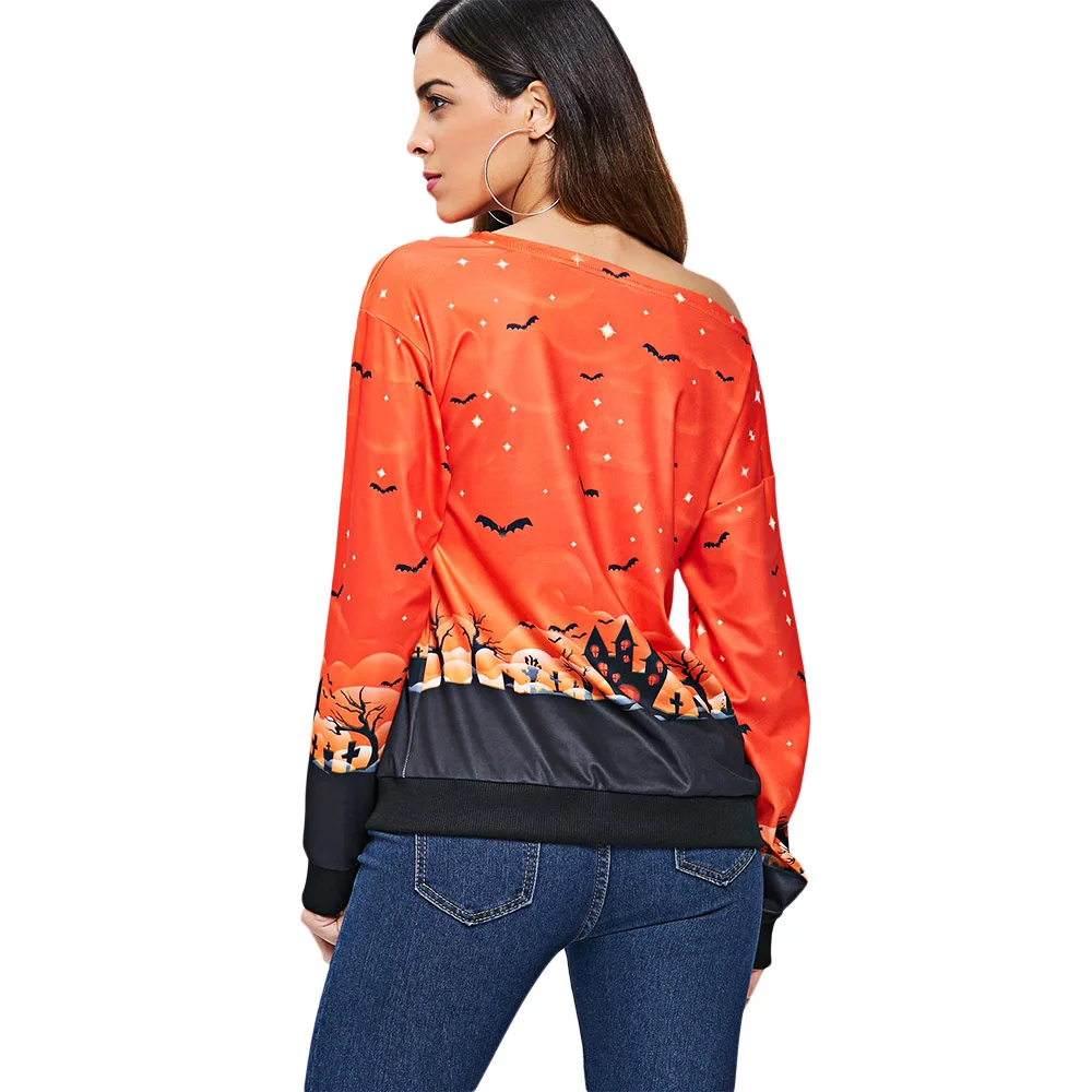 Хэллоуин летучая мышь мультфильм Skew шеи свитер с длинным рукавом пуловер