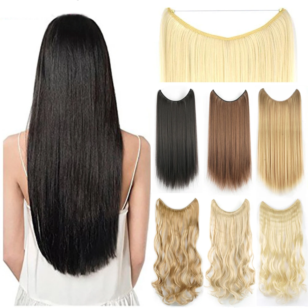 

Soowee Long Straight Gray Black Blonde Synthetic Hair Extensions Fish Line Halo Invisible Hairpiece Hair Accessories