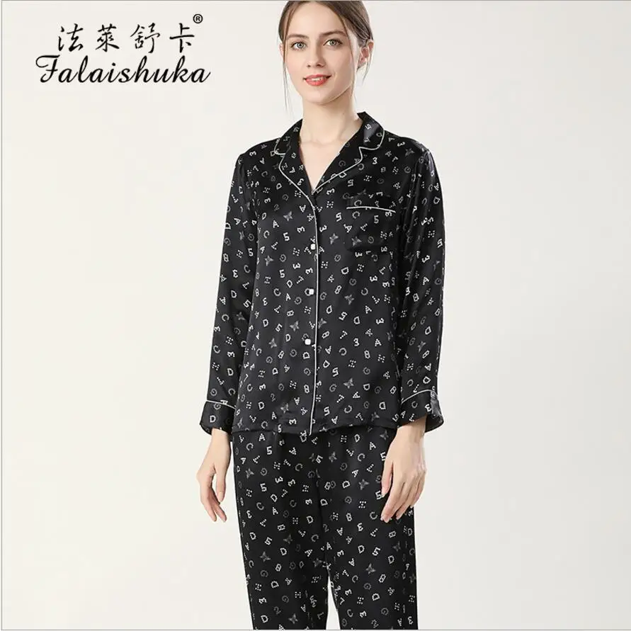 Silk Stain Pajamas Sets Women Homewear 2021 Spring Full Sleeve Long Pants  Letter Print Silk Sexy Home Wear Sleepwears For Lady