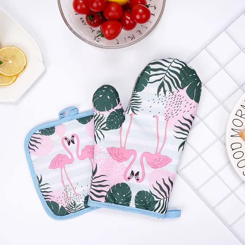 2 шт. хлопковые модные кухонные перчатки для готовки с фламинго термостойкие