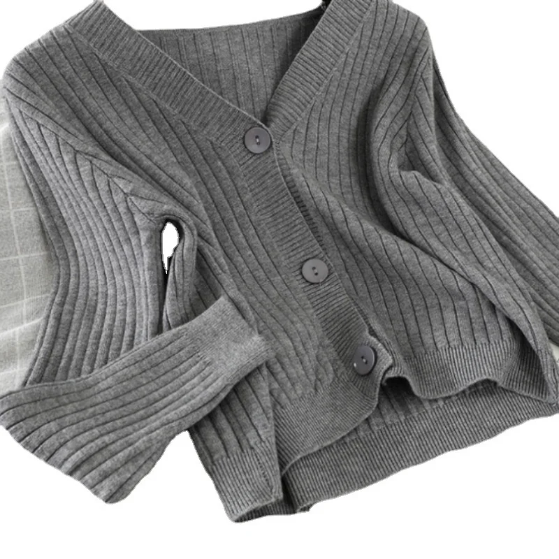 

2021 Autumn Coat Long Sleeve Button Knitted Cardigan Top Women's Korean Slim Sweater Deep V-Neck Textured Panel Women Clothing