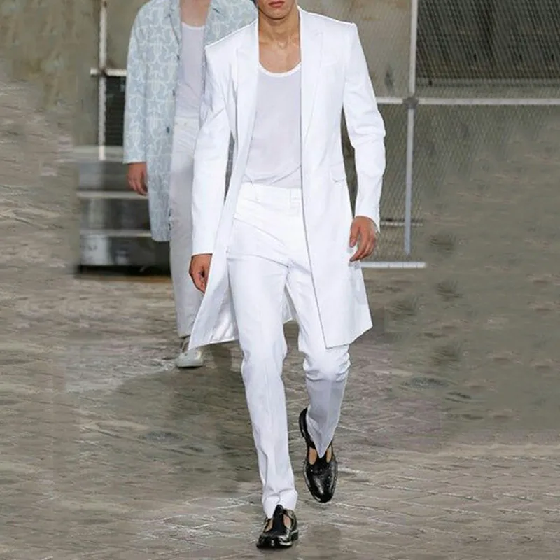 Summer Long Jacket White Trousers Groom Tuxedos Wedding Suits for Men Peaked Lapel Man Blazers 2 Pieces Coat Pants Prom Party