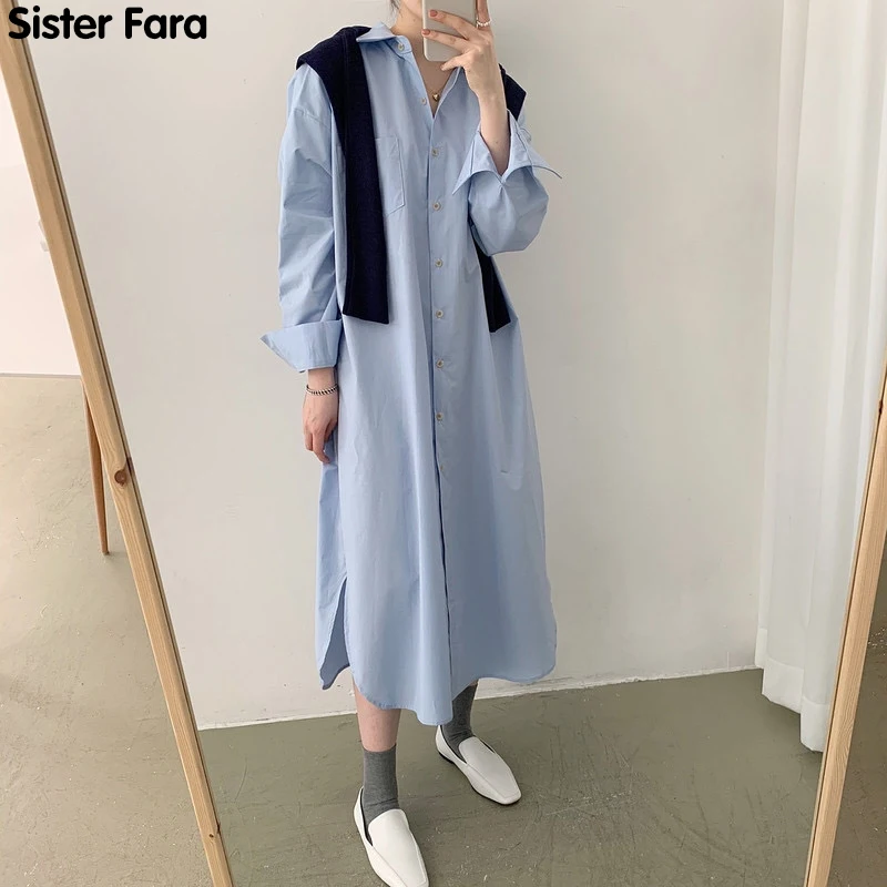 

Женское однобортное платье-рубашка Sister Fara, длинное однотонное офисное платье до щиколотки с отложным воротником, весна 2021