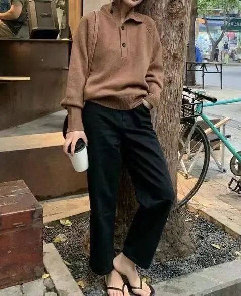 

2020 Autumn and Winter New Lapel Stand Collar Two Wear Loose and Thin Long Sleeve All-match Women's Wool Sweater