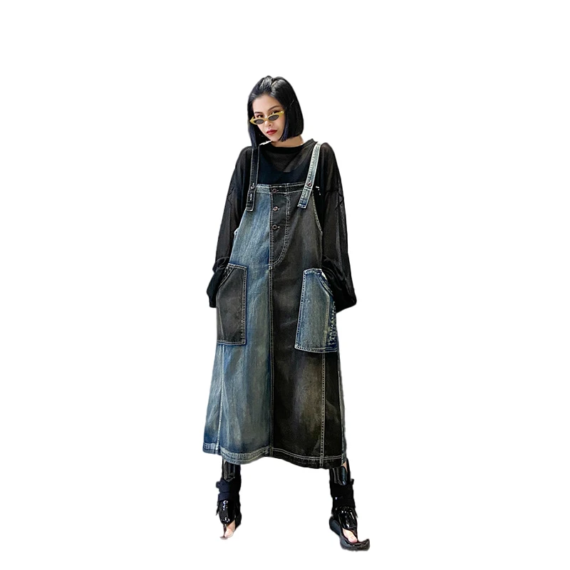 

Women Patchwork Jeans Dress Sundress Casual Loose Sleeveless Spaghetti Strap Denim Long Dress Plus Size Women Clothing Vestidos