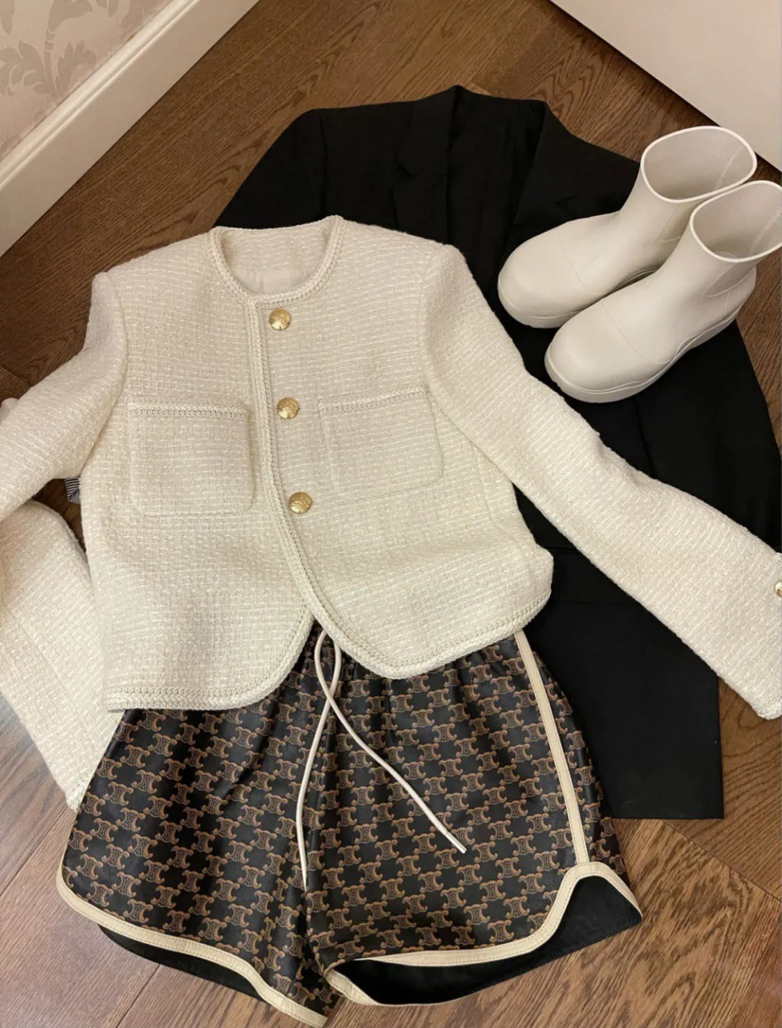 Женские шорты из овечьей кожи широкие свободные с принтом и высокой талией