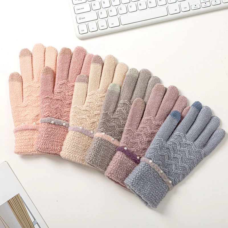 

Women Winter Knitted Gloves Thicken Warm Gloves Female Pearl Decor Touch Screen Full Fingers Wrist Mittens Ladies Outdoor Gloves