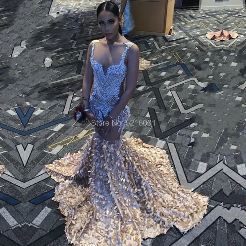 Luxury Beading Fashion Bling Mermaid Prom Dresses Black Grils Elegant collocation Leaves Sexy Evening Party Gowns W051