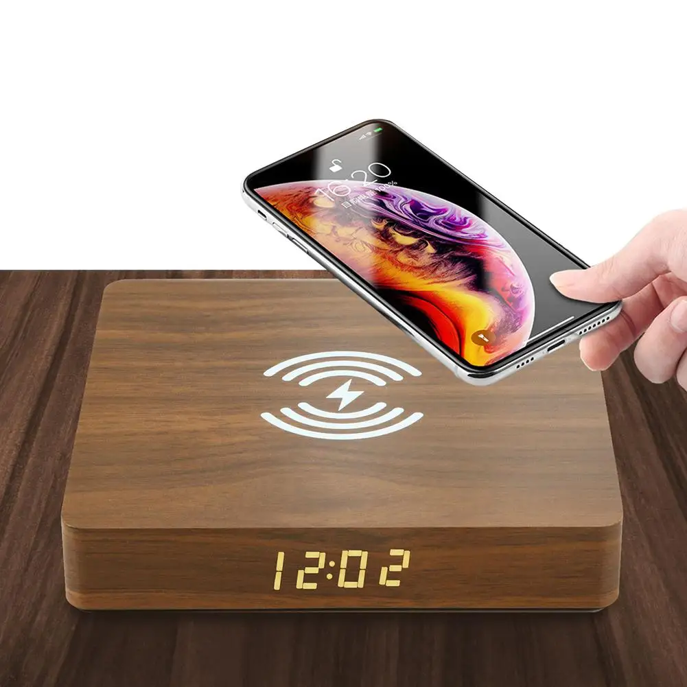 

10W Wireless Desktop Wooden Charging Board Phone Charger Adapter Electric Clock