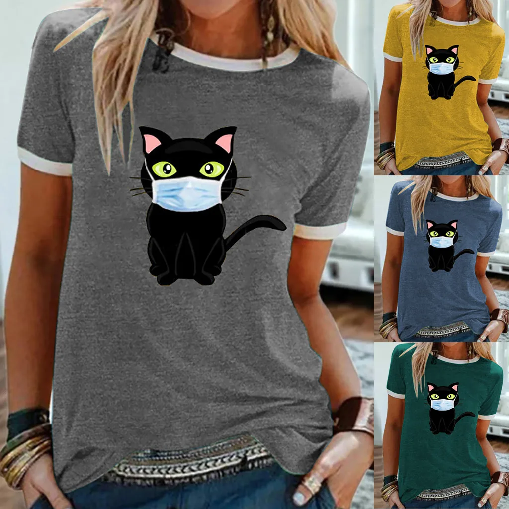 Женский топ и блузка с рисунком кошки маска коротким рукавом круглым вырезом