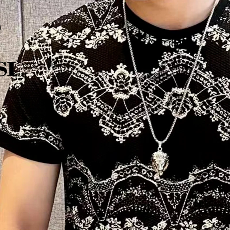 

Luxury Velvet Hollow Print Man's T-shirts Ice Silk Short Sleeve Streetwear T-shirt Mens Social Nightclub Tee Tops Male Clothing