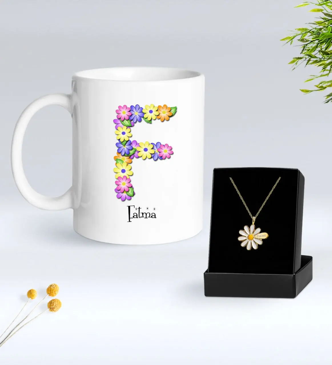 

Персонализированные цветок тематические письмо кружка и ожерелье Маргаритка подарок Seti-7