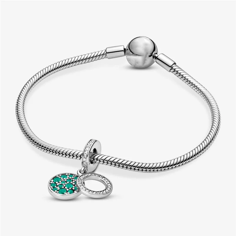 

New 925 Sterling Silver Green Zircon Double Pendant Charm Fit Original 3mm Bracelet&Bangle Making Fashion DIY Jewelry For Women