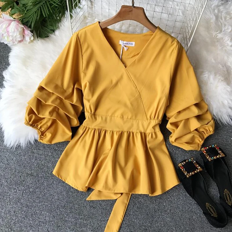 Весна лето 2020 женская рубашка с v образным вырезом и оборками рукавом фонариком
