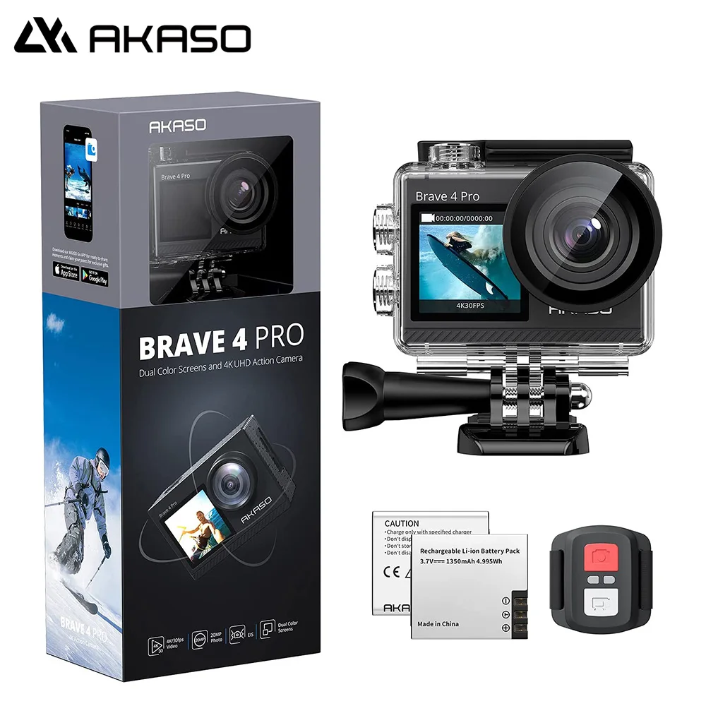 Экшн-камера AKASO 4K30FPS Brave 4 Pro с Wi-Fi двойным экраном 20 МП | Электроника