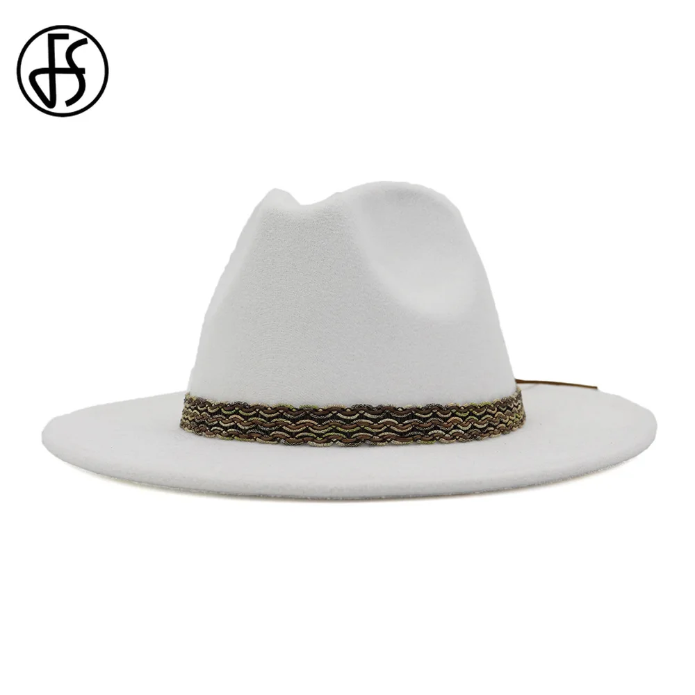 

FS 2020 White Wool Felt Fedora Panama Hat with Belt Women Wide Brim Jazz Trilby Cap Men Gentleman Party Wedding Formal Top Hat
