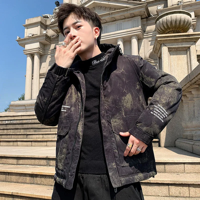 Winter men's camouflage side seam pocket cotton jacket new Korean version of the trend of casual loose thick hooded jacket