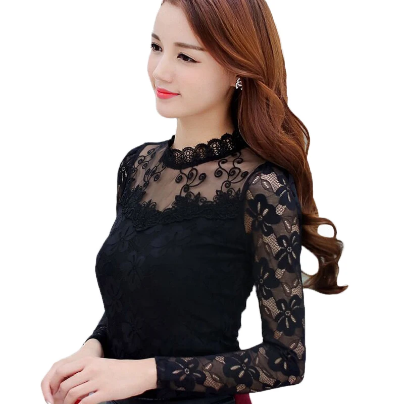 

2021 new ruffles lace women blouse hollow out see-through sexy lady elegant solid shirts bottoming tops