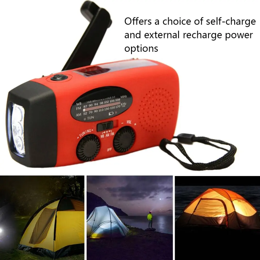 new protable red solar radio hand crank self powered phone charger 3 led flashlight amfmwb radio waterproof emergency survival free global shipping