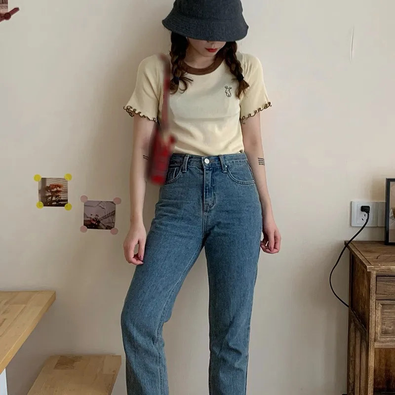 

Women Summer T-Shirt Retro Embroidery Fashion Round Neck Short Sleeve T-shirt Knitted Beach Wear Sexy Slim Top