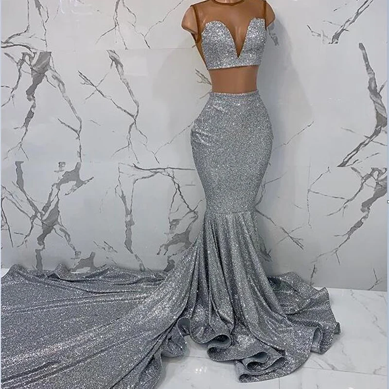 

Robe De Soiree Sexy Glitter Mermaid 2 Pieces Silver Prom Dresses Full Sequined Sleeveless Sheer Top Prom Dress 2020
