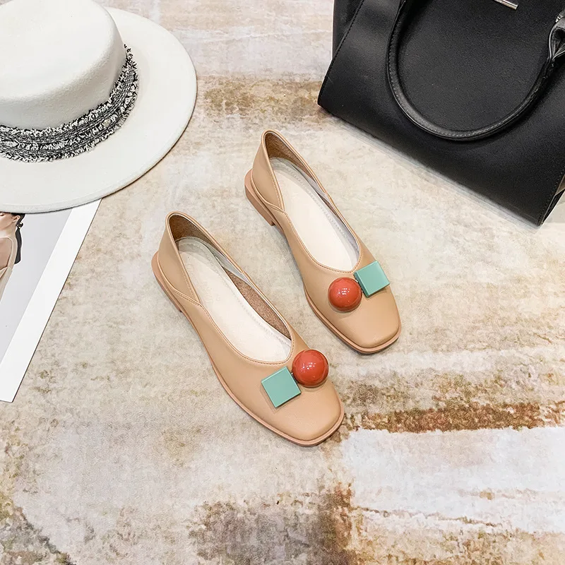 

Low Heels Shoes Woman Flats Square Toe Shallow Mouth Casual Female Sneakers Dress New Moccasin Grandma Leisure Rubber Lace-Up Mi