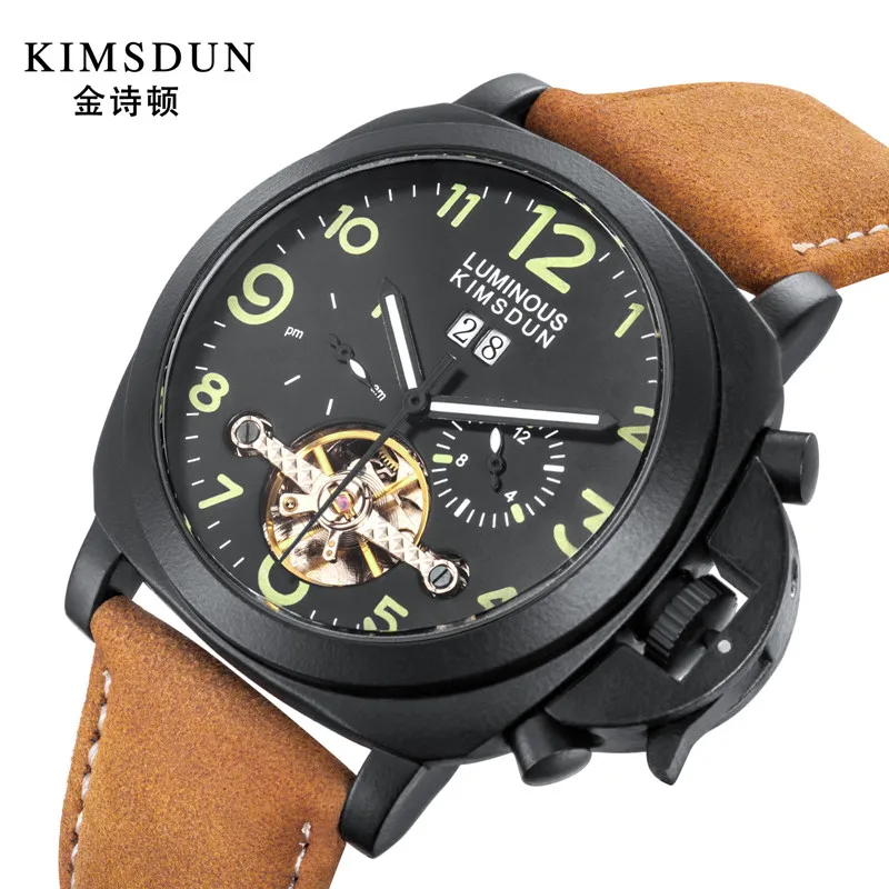 KIMSDUN часы с скелетом механические Автоматические для мужчин Tourbillon кожа модные