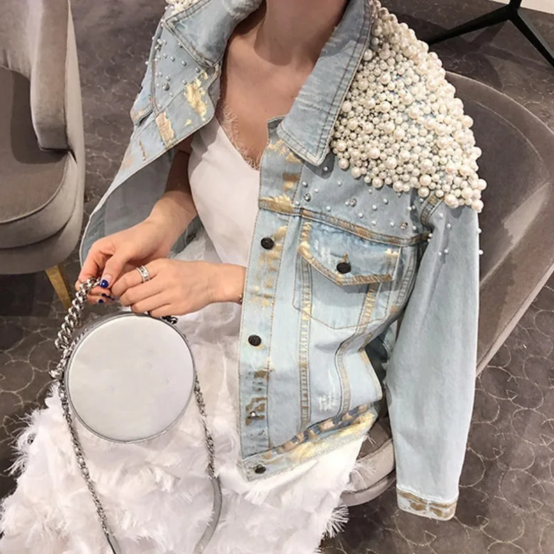 

High Quality Luxury Denim Fashion Single Breasted Beads Rhinestone Women Outwear Streetwear Slim Female Jacket