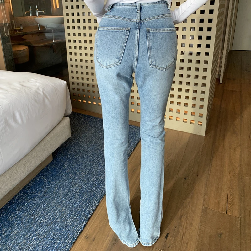 

BornSra Vintage Flare Jeans Blue High Waist Button Split Floor-length Women Denim Jeans Fashion Female Denim Pant 2020 Spring