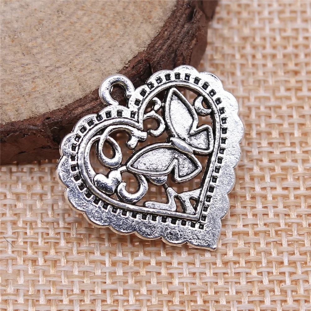 

Charms for Jewelry Making Findings Handmade DIY Craft 20pcs Antique Silver Color 25x24mm Double-Sided Butterfly Heart Pendant