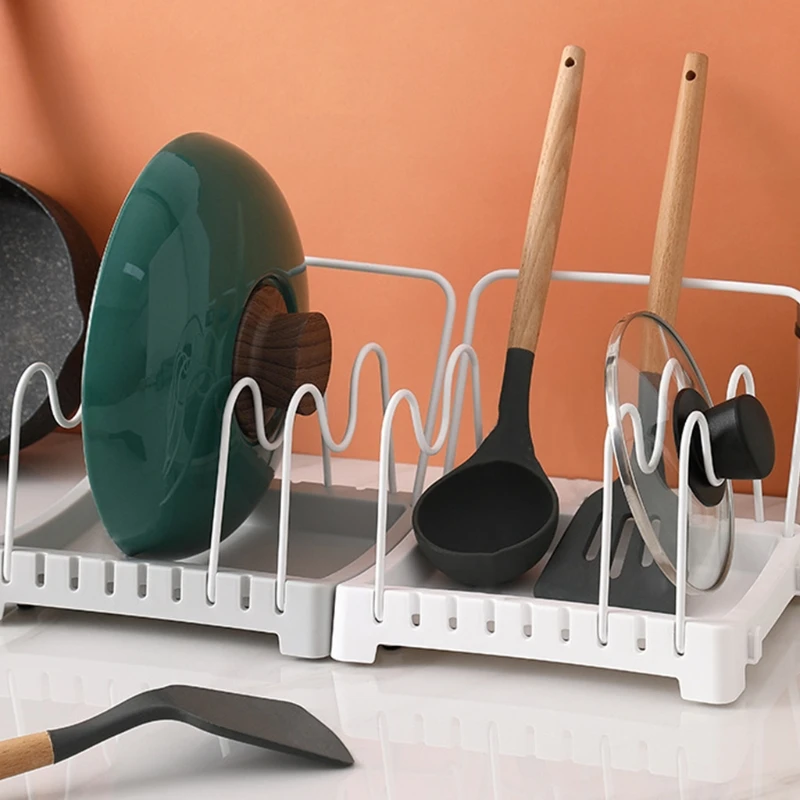 

Cutting Board Holder Pot Lid Organizer with 3 Adjustable Dividers 1 Hanging Drying Cloth Rack