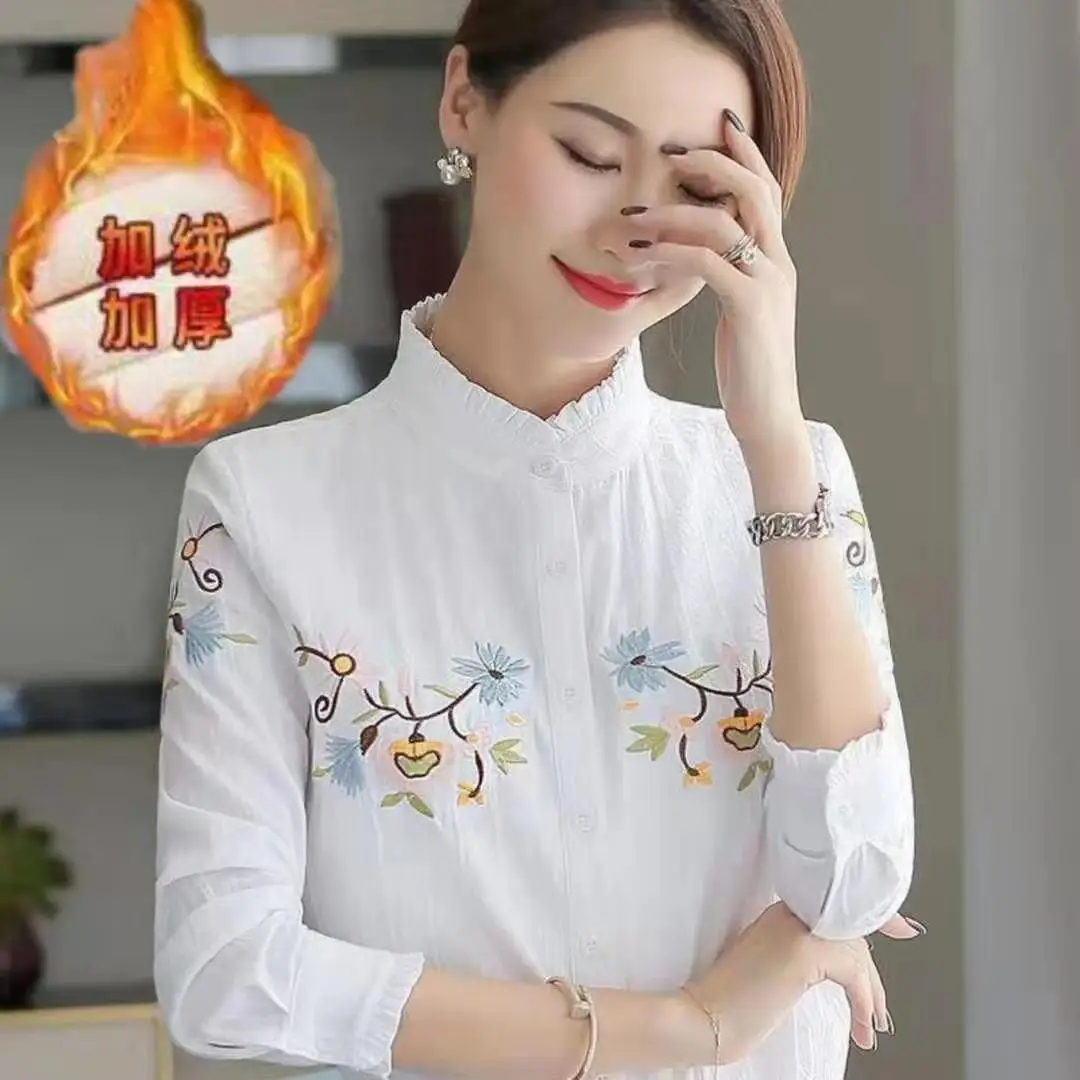 Женская блузка на осень и зиму женский топ с вышивкой белая рубашка длинным