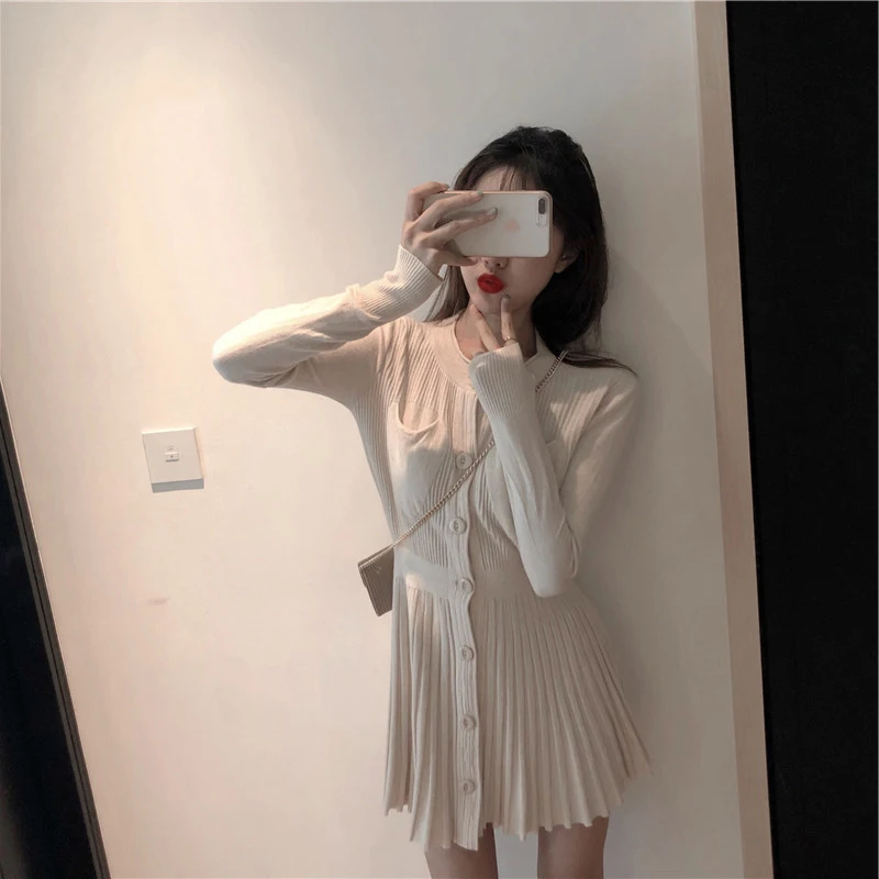 

New Elegant Fashion Women Autumn Winter Retro Slim Tunic Waist Knit Dress Office Lady Button Pleated Sweater Dress