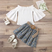 tops flared sleeve pleated children girls solid color tops floral print skirt set for hiking