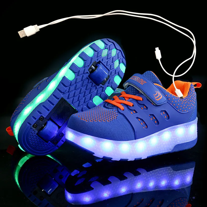 

Children One Two Wheels Luminous Glowing Sneakers Gold Pink Led Light Roller Skate Shoes Kids Led Shoes Boys Girls USB Charging