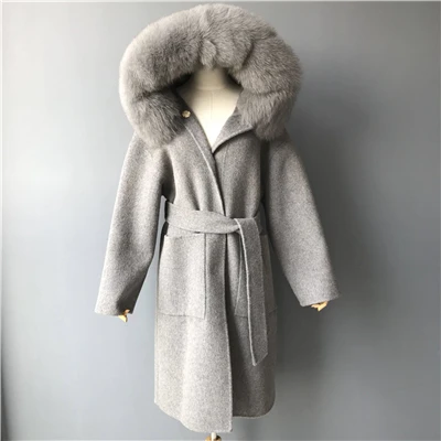Кашемировая Женская куртка со съемным воротником из меха лисы, шерстяное пальто и куртка с поясом, Дамское кашемировое пальто на осень и зиму - Цвет: Grey long style