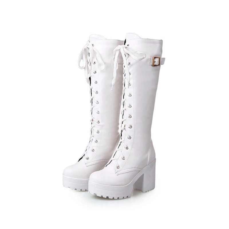 

NEWDENBER Fashion Women Cross Strap PU Leather Boots Autumn Winter Knee High Boots Ladies Thick Sole Wedges Platform Botas Mujer