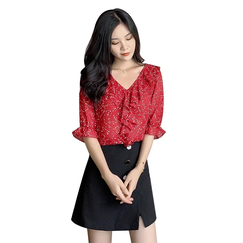 

Женские топы и блузки, летняя Модная рубашка с v-образным вырезом, Цветочная рубашка с рюшами, топ с коротким рукавом, женские блузы