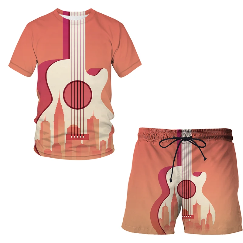 

Костюм спортивный мужской из футболки и шортов, комплект одежды для воркаута и музыкальных инструментов, однотонная уличная одежда с 3D прин...