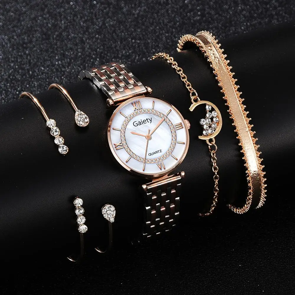 5PCS Set Uhr Fur Frauen Top Mode Diamant Damen Armbanduhren Weiblich Quarz Armband Uhr relogio feminino Dropshipping