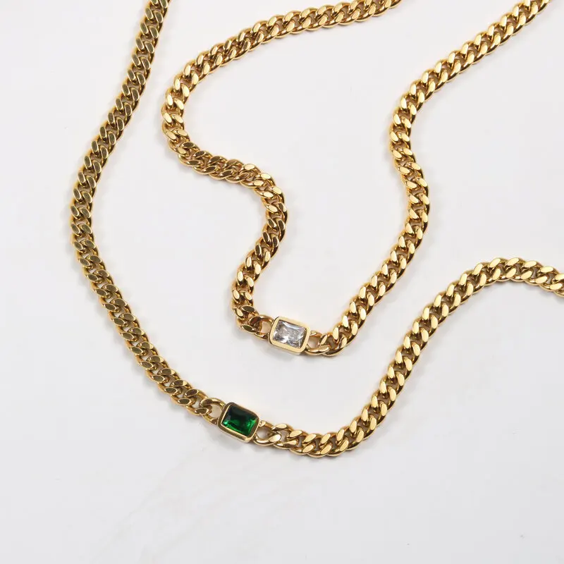 

Stainless Steel Cuban Chain Green & White Zirconia Necklace