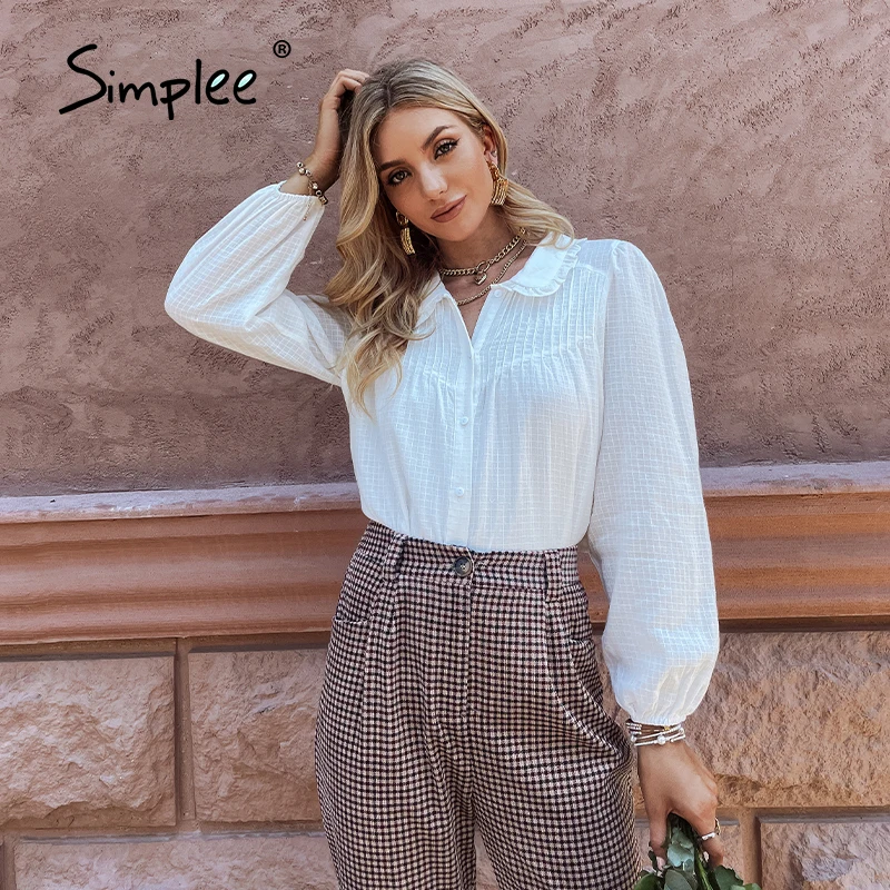 

Simplee Doll Collar Buttons Causal Square White Shirt Women Autumn Winter Solid Long Lantern Sleeve tops Cotton Loose Blouse