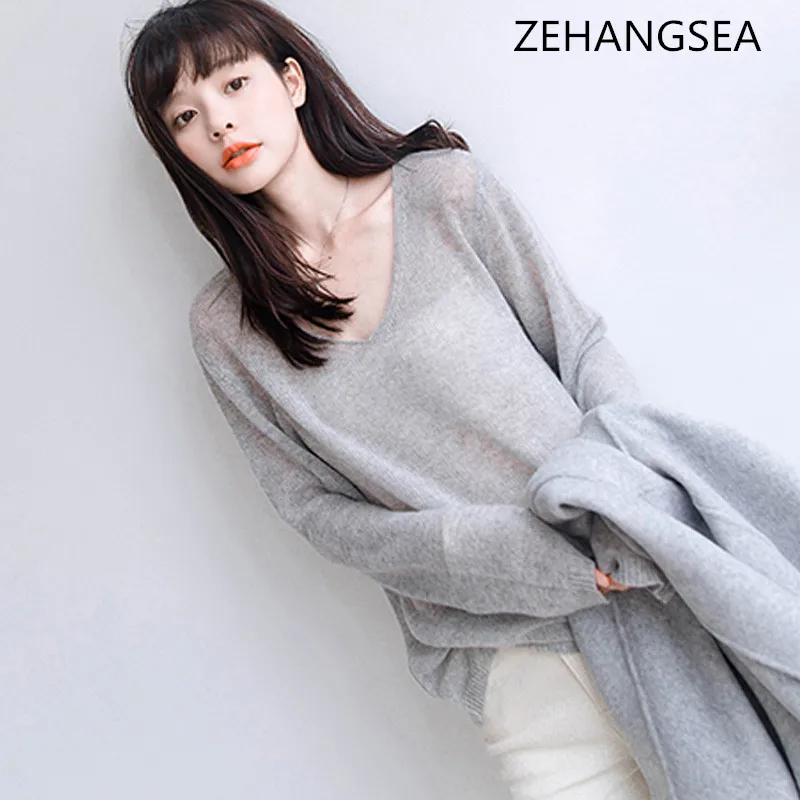 

Summer knitted thin pullover V-neck long-sleeved soft breathable sweater loose and comfortable close-fitting micro-transparent