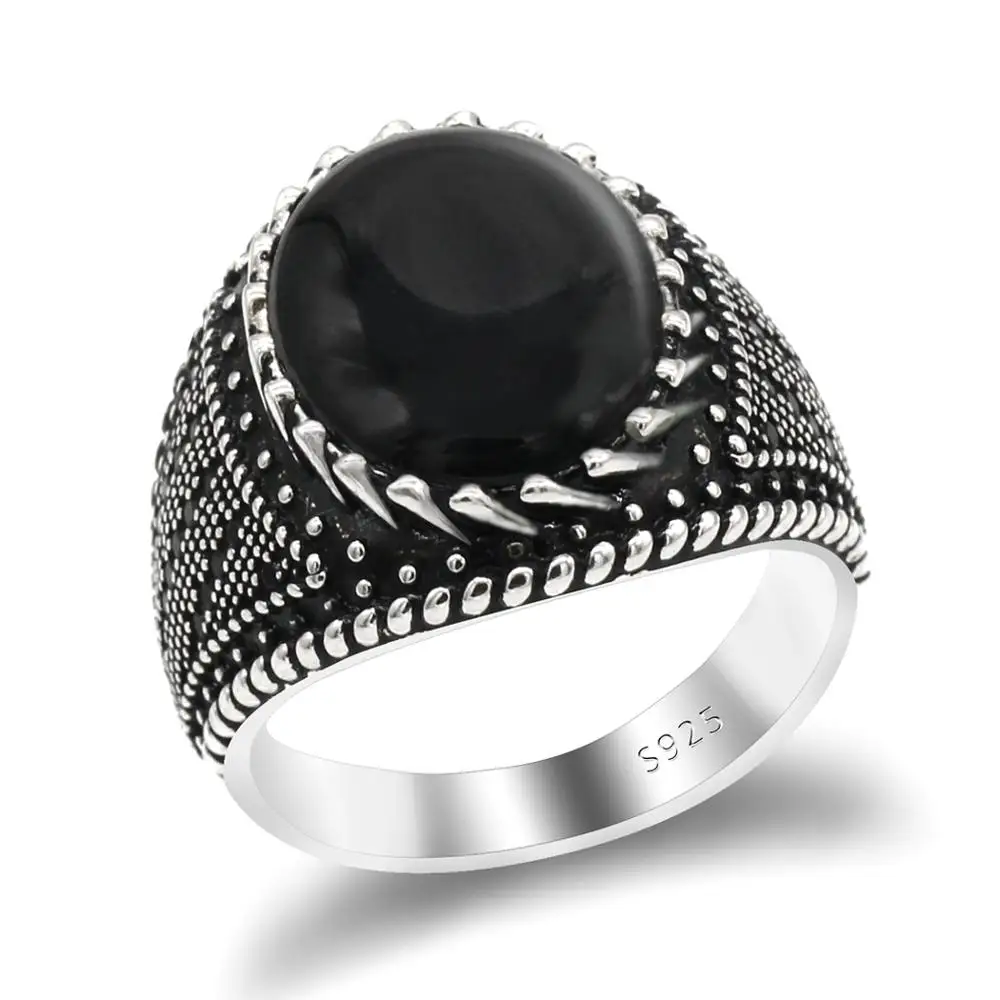 Мужское серебряное кольцо в стиле панк черное с натуральным агатом ювелирное